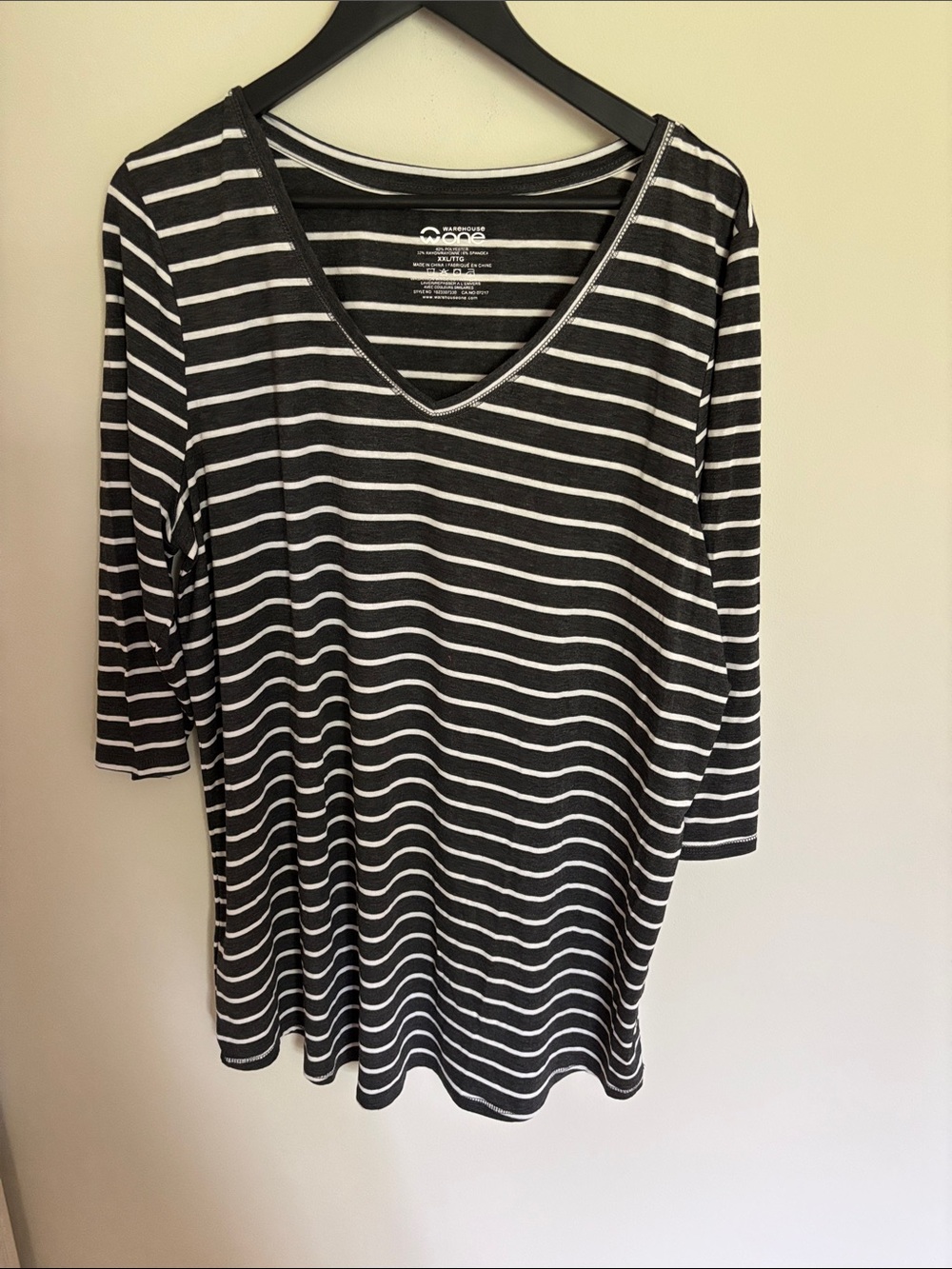 Plus size Grey and White Striped V-Neck Long Sleeve Tee
